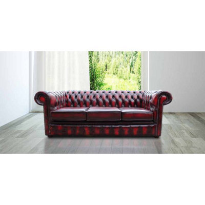 Chesterfield 3 Seater Antique Oxblood Red Leather Sofa In Classic Style from B&Q