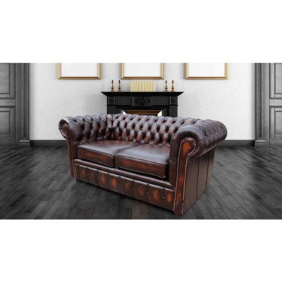Chesterfield 2 Seater Antique Brown Leather Sofa Settee In Classic Style from B&Q