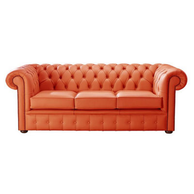 Chesterfield 3 Seater Shelly Flamenco Orange Real Leather Sofa Bespoke In Classic Style from B&Q