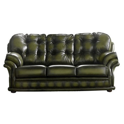 Chesterfield 3 Seater Antique Olive Leather Sofa Bespoke In Knightsbridge Style from B&Q