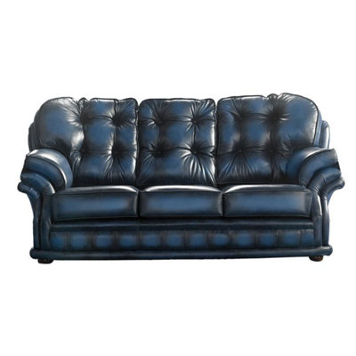 Chesterfield 3 Seater Antique Blue Leather Sofa Bespoke In Knightsbridge Style from B&Q