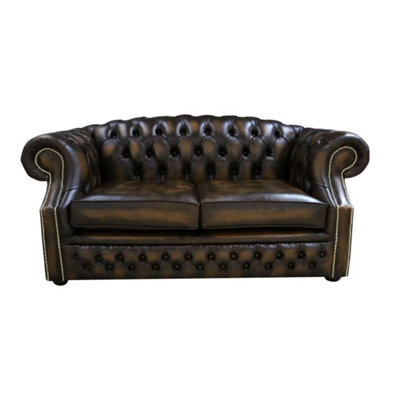 Chesterfield 2 Seater Antique Gold Leather Sofa Bespoke In Buckingham Style from B&Q