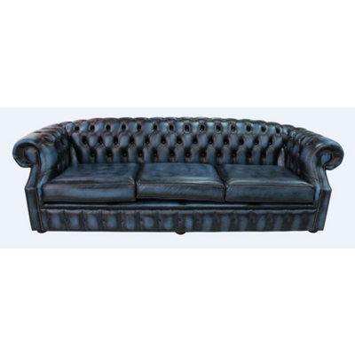 Chesterfield 4 Seater Antique Blue Leather Sofa Bespoke In Buckingham Style from B&Q
