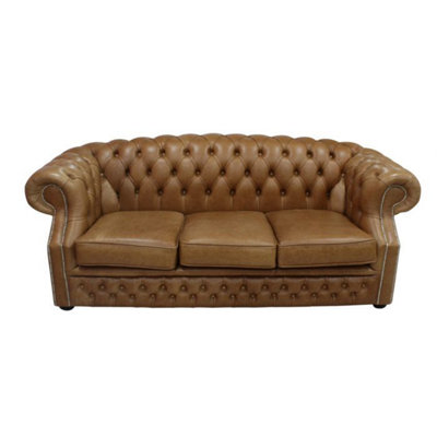 Chesterfield 3 Seater Old English Tan Leather Sofa Bespoke In Buckingham Style from B&Q