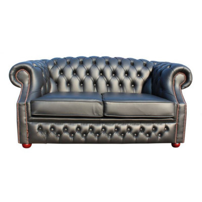 Chesterfield 2 Seater Shelly Black Real Leather Sofa Bespoke In Buckingham Style from B&Q