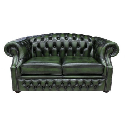 Chesterfield 2 Seater Antique Green Leather Sofa Bespoke In Buckingham Style from B&Q