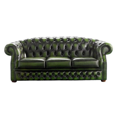 Chesterfield 3 Seater Antique Green Leather Sofa Bespoke In Buckingham Style from B&Q