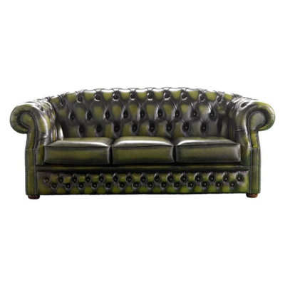 Chesterfield 3 Seater Antique Olive Leather Sofa Bespoke In Buckingham Style from B&Q