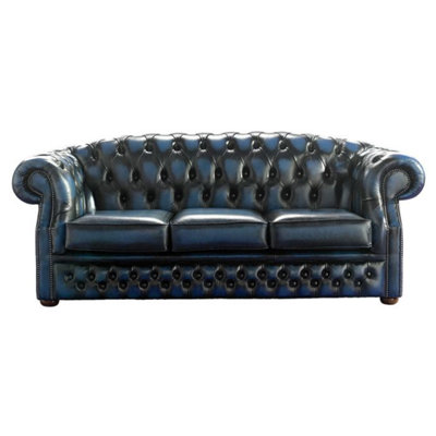 Chesterfield 3 Seater Antique Blue Leather Sofa Bespoke In Buckingham Style from B&Q