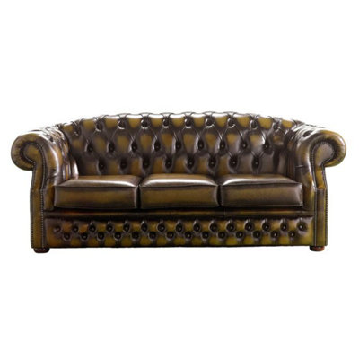 Chesterfield 3 Seater Antique Gold Leather Sofa Bespoke In Buckingham Style from B&Q