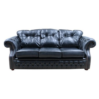 Chesterfield 3 Seater Old English Black Real Leather Sofa Bespoke In Era Style from B&Q