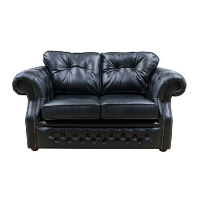 Chesterfield 2 Seater Old English Black Real Leather Sofa Bespoke In Era Style from B&Q