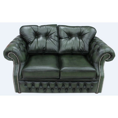Chesterfield 2 Seater Antique Green Leather Sofa Settee Bespoke In Era Style from B&Q
