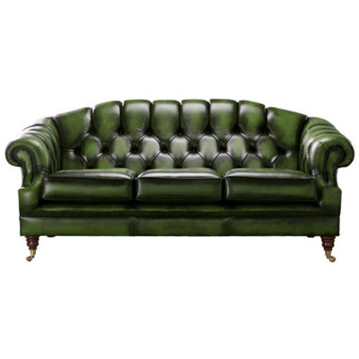 Chesterfield 3 Seater Antique Green Leather Sofa Settee In Victoria Style from B&Q