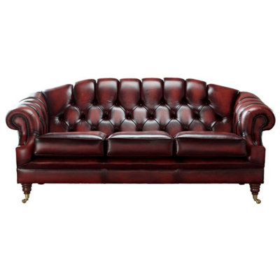 Chesterfield 3 Seater Sofa Settee Antique Oxblood Red Real Leather In Victoria Style from B&Q