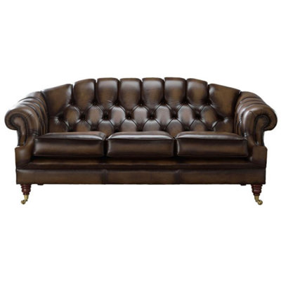Chesterfield 3 Seater Antique Brown Leather Sofa Settee In Victoria Style from B&Q