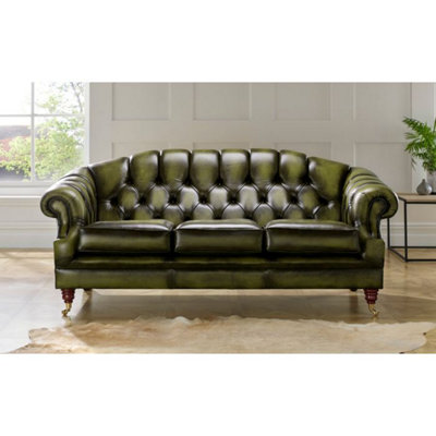 Chesterfield 3 Seater Antique Olive Leather Sofa Settee In Victoria Style from B&Q