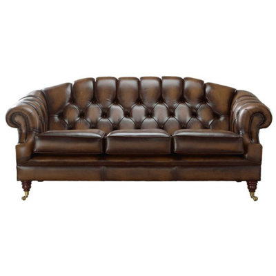 Chesterfield 3 Seater Antique Autumn Tan Leather Sofa Settee Custom Made In Victoria Style from B&Q
