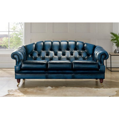 Chesterfield 3 Seater Antique Blue Leather Sofa Settee In Victoria Style from B&Q