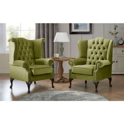 Chesterfield Queen Anne Beatrice + Carlton Flat Wing Armchairs Malta Grass 12 from B&Q