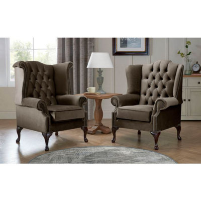 Chesterfield Queen Anne Beatrice + Carlton Flat Wing Armchairs Malta Mushroom 07 from B&Q