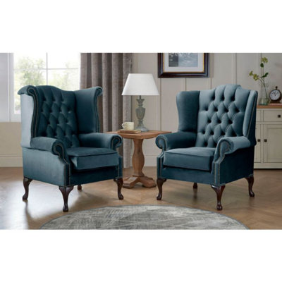 Chesterfield Queen Anne Beatrice + Carlton Flat Wing Armchairs Malta Peacock 04 from B&Q