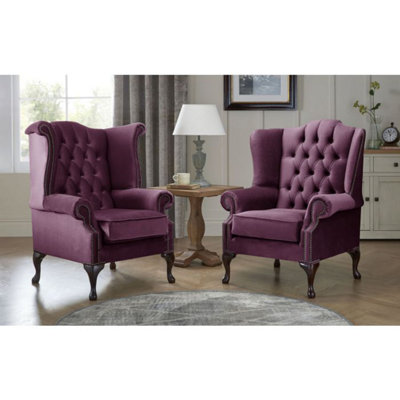 Chesterfield Queen Anne Beatrice + Carlton Flat Wing Armchairs Malta Purple 01 from B&Q