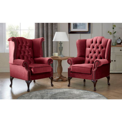 Chesterfield Queen Anne Beatrice + Carlton Flat Wing Armchairs Malta Red 14 from B&Q