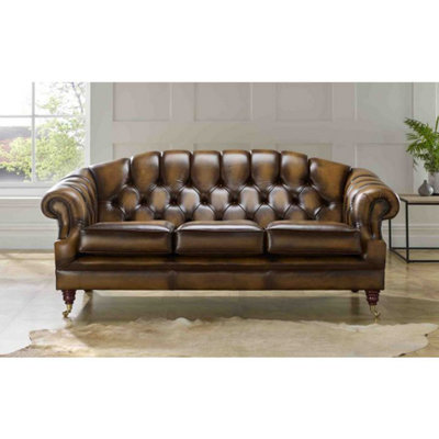 Chesterfield Victoria 3 Seater Leather Sofa Settee Antique Tan Leather from B&Q