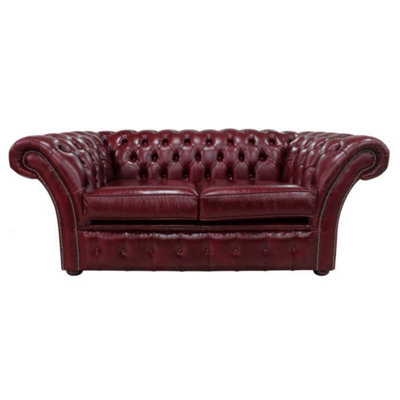 Chesterfield 2 Seater Old English Burgandy Leather Sofa Settee In Balmoral Style from B&Q