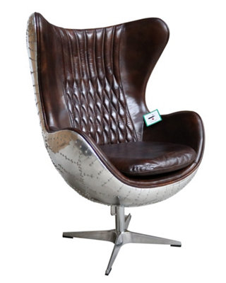  - Aviator Aviation Swivel Egg Armchair Aluminium Vintage T Brown Distressed Leather