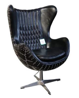  - Aviator Aviation Swivel Egg Armchair Aluminium Vintage Black Real Distressed Leather