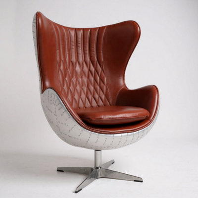  - Aviator Aviation Swivel Egg Armchair Aluminium Vintage Rouge Red Real Distressed Leather