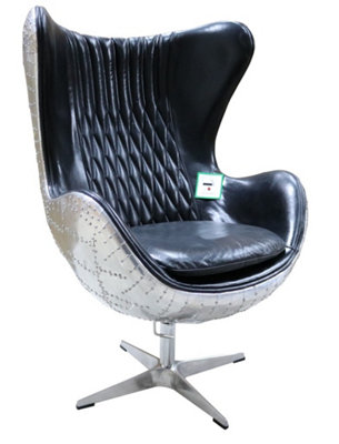  - Aviator Retro Swivel Egg Armchair Aluminium Vintage Black Real Distressed Leather