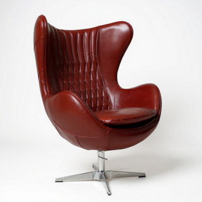  - Aviator Retro Swivel Egg Armchair Vintage Rouge Red Real Distressed Leather