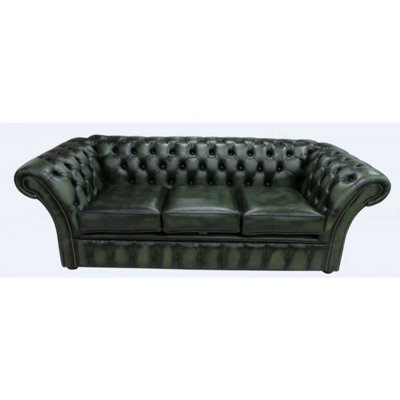 Chesterfield 3 Seater Antique Green Leather Sofa Bespoke In Balmoral Style from B&Q