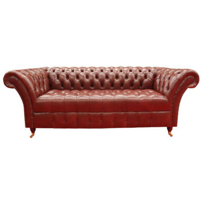 Chesterfield 3 Seater Old English Chestnut Leather Buttoned Seat Sofa In Balmoral Style from B&Q