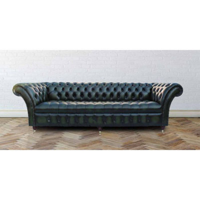 Chesterfield 4 Seater Antique Green Leather Buttoned Seat Sofa In Balmoral Style from B&Q