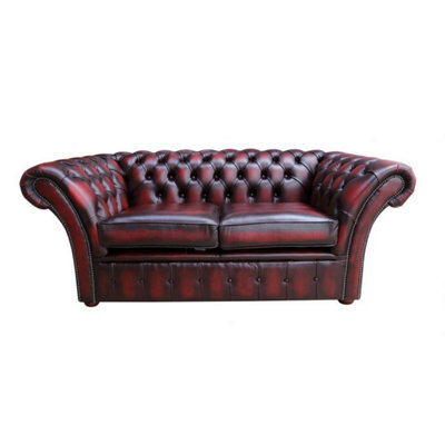 Chesterfield 2 Seater Sofa Settee Antique Oxblood Red Real Leather In Balmoral Style from B&Q