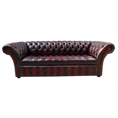 Chesterfield 3 Seater Buttoned Seat Sofa Antique Oxblood Red Real Leather In Balmoral Style from B&Q