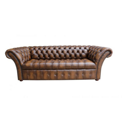 Chesterfield 3 Seater Buttoned Seat Sofa Antique Tan Real Leather In Balmoral Style from B&Q