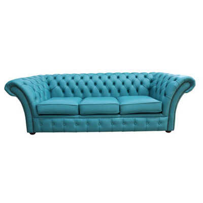 Chesterfield 3 Seater Sofa Settee Shelly Dark Teal Real Leather In Balmoral Style from B&Q