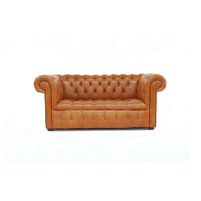 Chesterfield 2 Seater Buttoned Seat Sofa Old English Tan Real Leather In Classic Style from B&Q