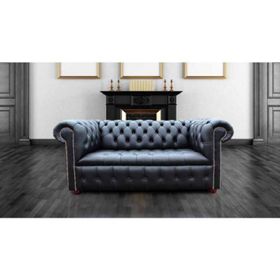 Chesterfield 2 Seater Buttoned Seat Silver Stud Sofa Black Real Leather In Classic Style from B&Q
