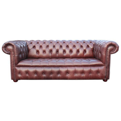 Chesterfield 3 Seater Buttoned Seat Sofa Old English Hazel Real Leather In Classic Style from B&Q