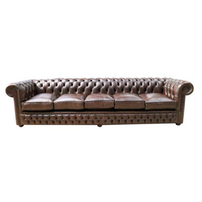 Chesterfield 5 Seater Sofa Settee Antique Brown Real Leather In Classic Style from B&Q