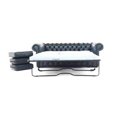 Chesterfield 3 Seater Sofabed Antique Blue Real Leather In Classic Style from B&Q