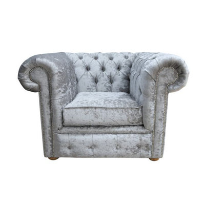 Chesterfield Low Back Club Chair Shimmer Silver Real Velvet Fabric In Classic Style from B&Q