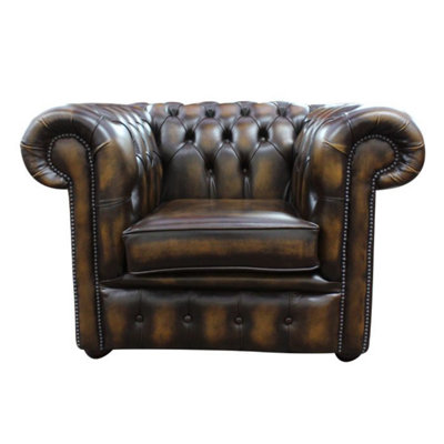 Chesterfield Low Back Club Armchair Antique Gold Real Leather In Classic Style from B&Q