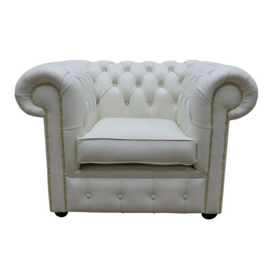 Chesterfield Low Back Club Chair Shelly White Real Leather In Classic Style from B&Q